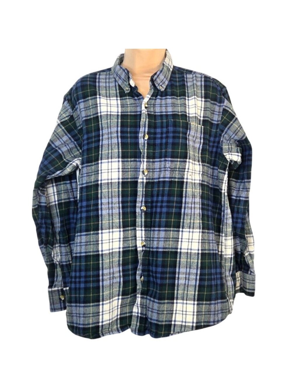 Hobbs Creek Mens Sz L Blue/Green Plaid Flannel Long Sleeve Button-Up Shirt Cotto